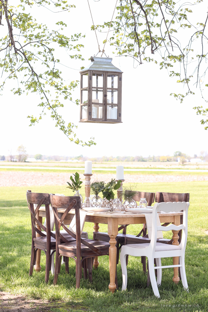 Learn how to create the perfect outdoor table setting with shopping and decorating tips from Liz Fourez. This view of her farm is stunning!