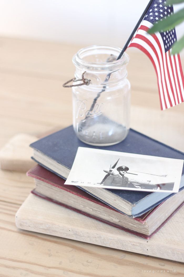 Simple touches of red, white and blue give this farmhouse dining room the perfect patriotic feel. 