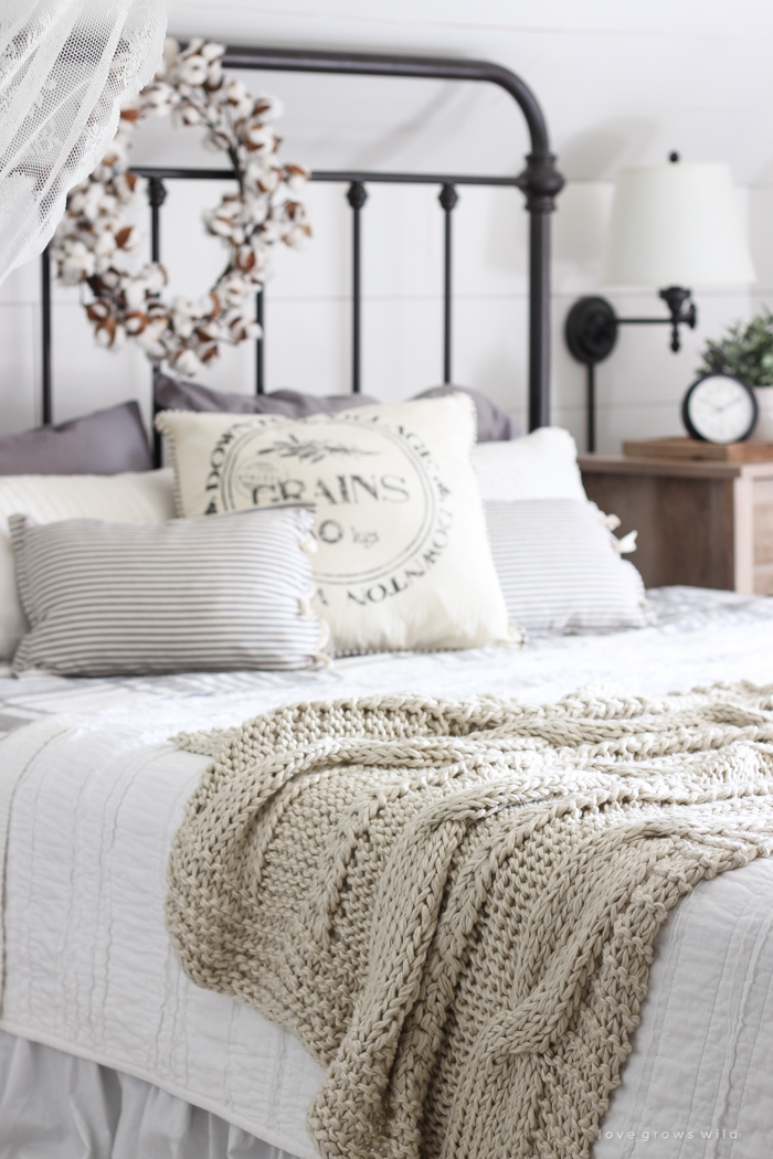 A beautiful farmhouse bedroom decorated with simple touches of fall!