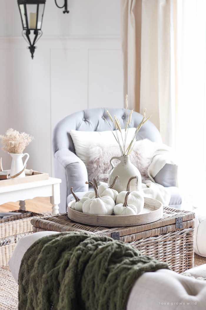 A beautiful farmhouse living room decorated with simple touches of fall!