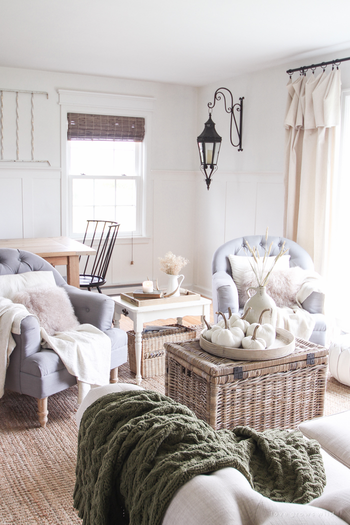 A beautiful farmhouse living room decorated with simple touches of fall!