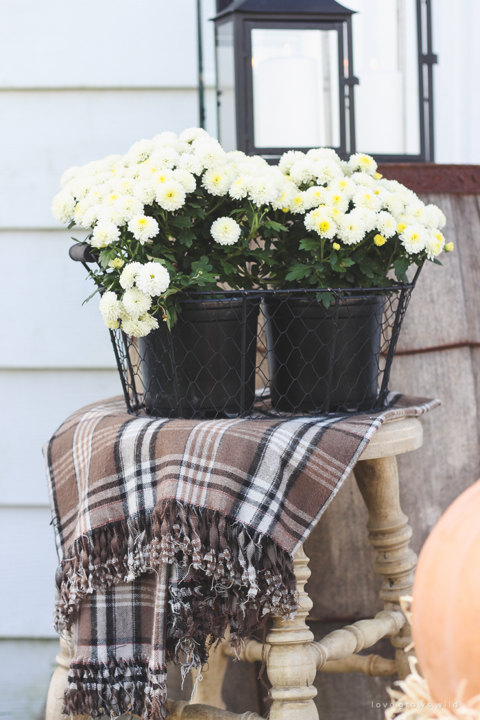 A beautiful farmhouse front porch decorated with simple touches of fall!