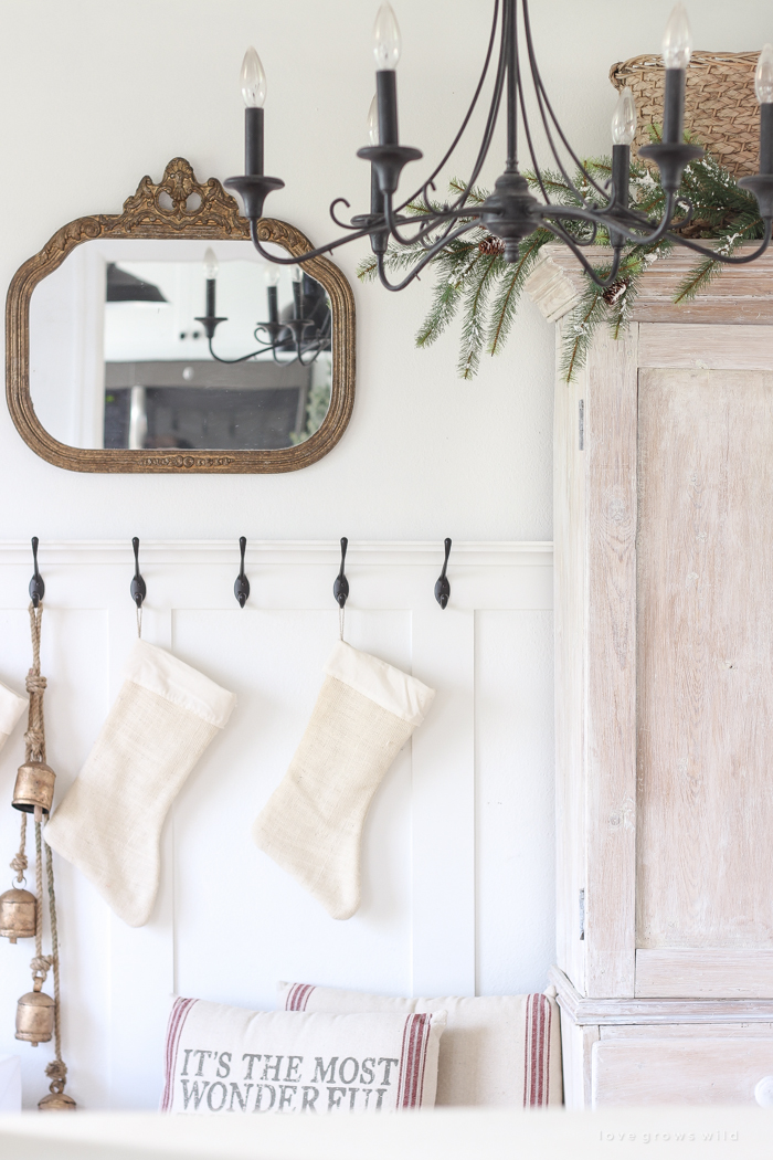 A beautiful farmhouse entryway decorated for the holidays!