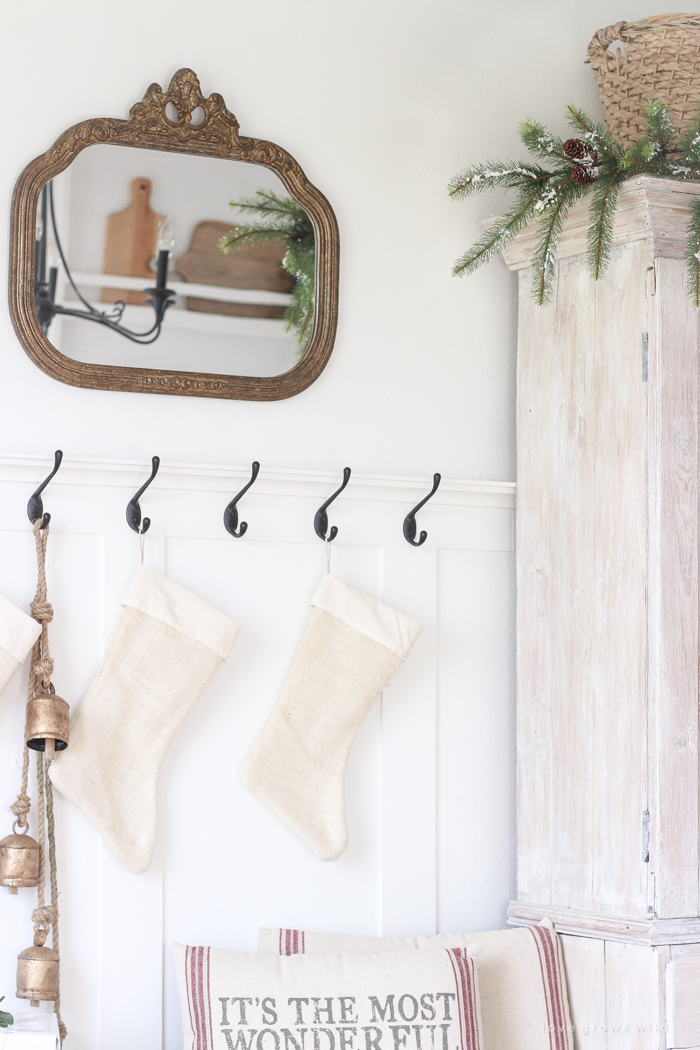 A beautiful farmhouse entryway decorated for the holidays!