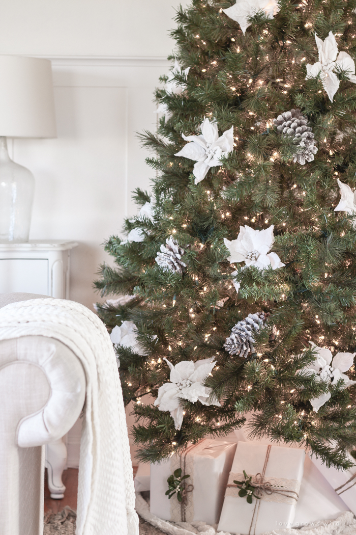 A beautiful farmhouse living room decorated for the holidays!