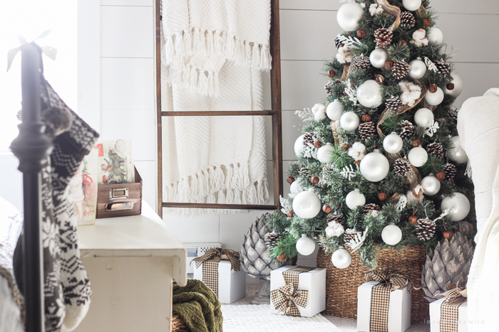 A beautiful farmhouse bedroom decorated for the holidays!