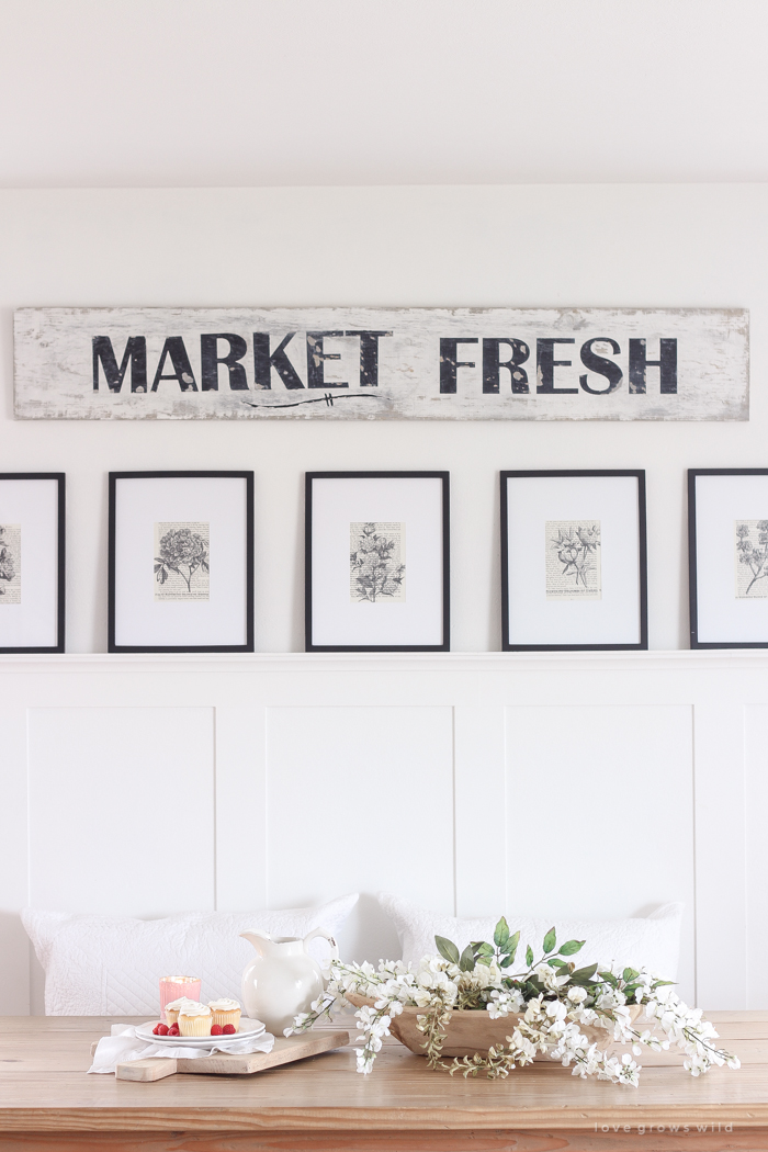 A handmade sign with a beautiful distressed antique finish. Learn how to make this simple and inexpensive DIY vintage Market Fresh sign!