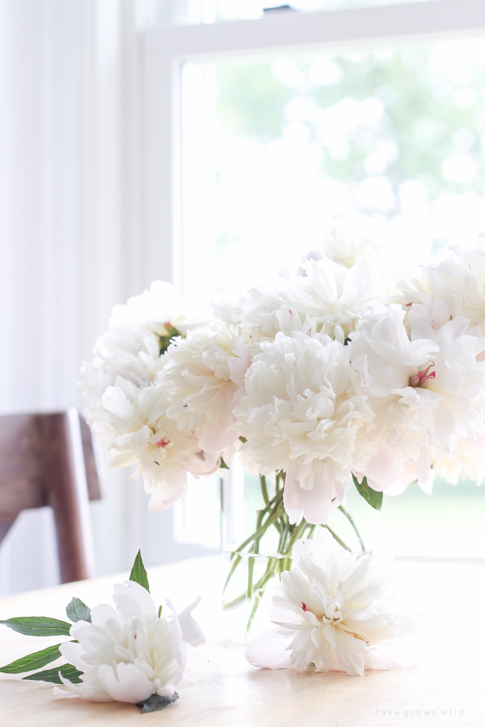 Freshly picked peonies decorate this beautiful farmhouse kitchen by Liz Fourez