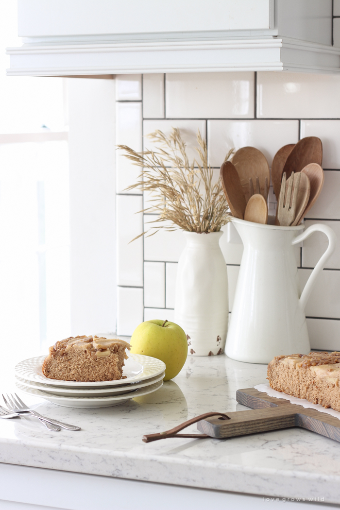 This super easy spice cake topped with delicious buttery brown sugar apples is the perfect fall treat!