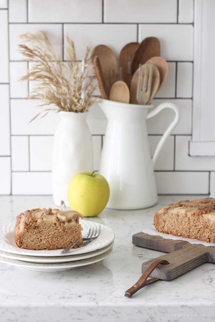 This super easy spice cake topped with delicious buttery brown sugar apples is the perfect fall treat!