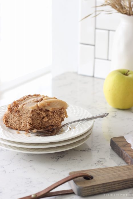 This super easy spice cake topped with delicious buttery brown sugar apples is the perfect fall treat!