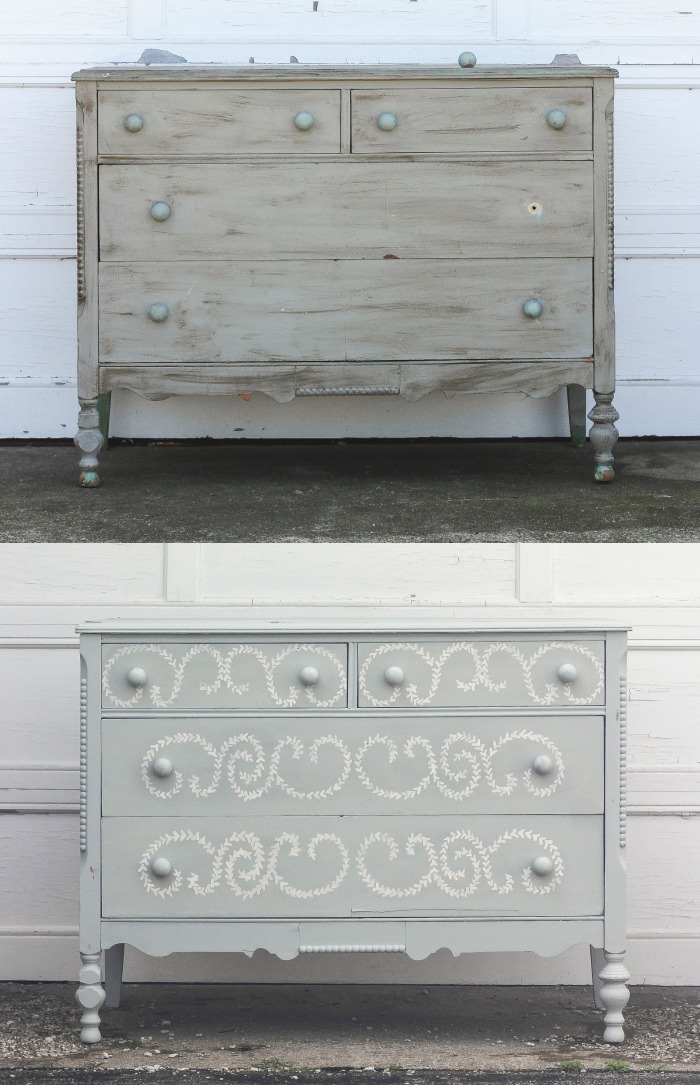 An old dresser gets a makeover with soft blue paint and a delicate hand painted design