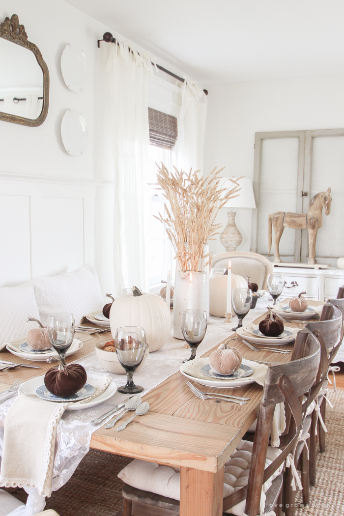 Learn simple fall decorating tips from this beautiful country harvest themed fall tablescape