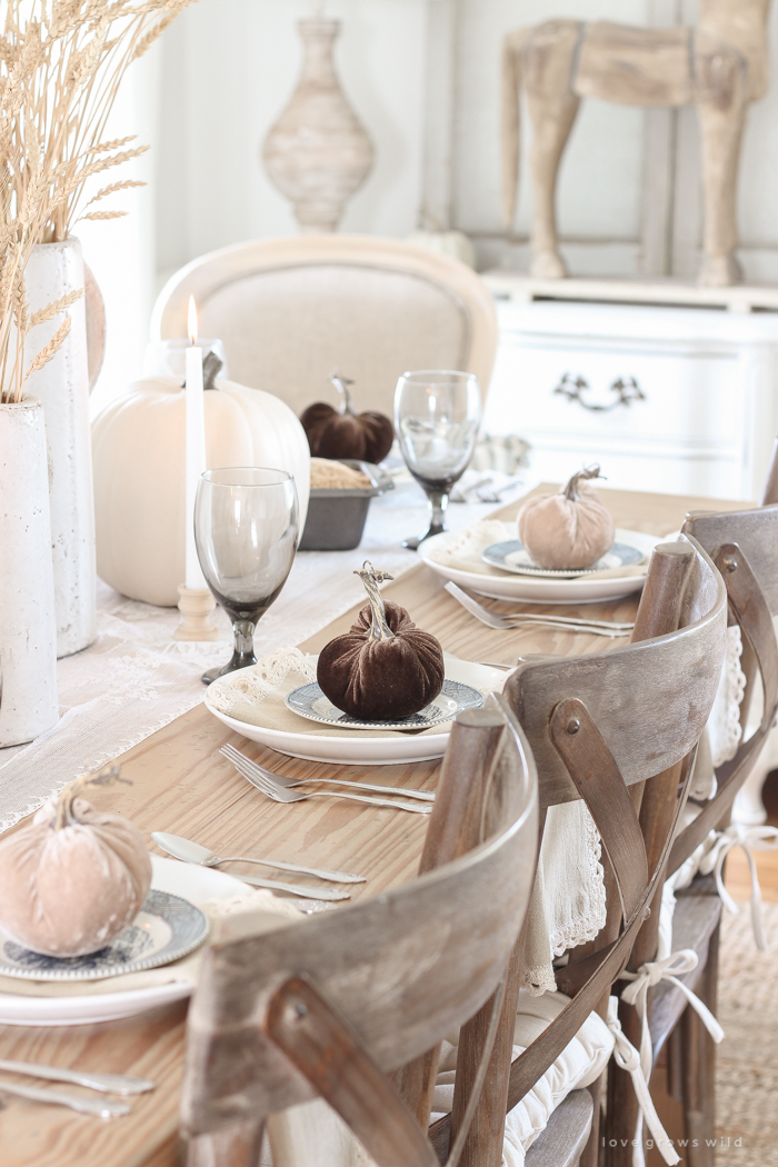 Learn simple fall decorating tips from this beautiful country harvest themed fall tablescape