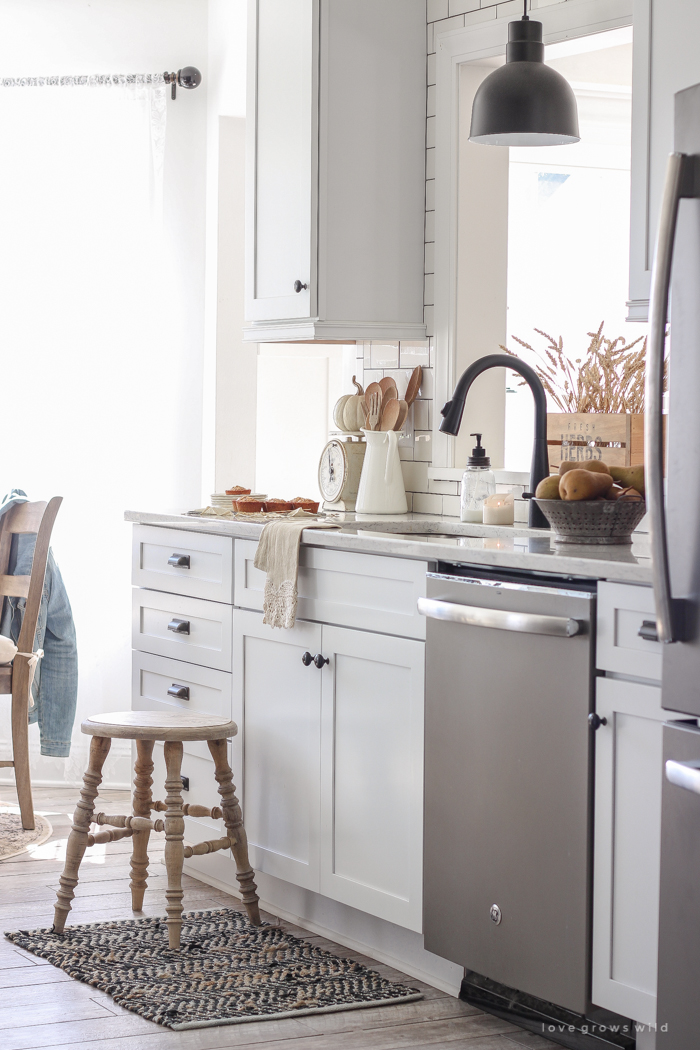 A beautiful farmhouse kitchen decorated with simple, cozy touches of fall!