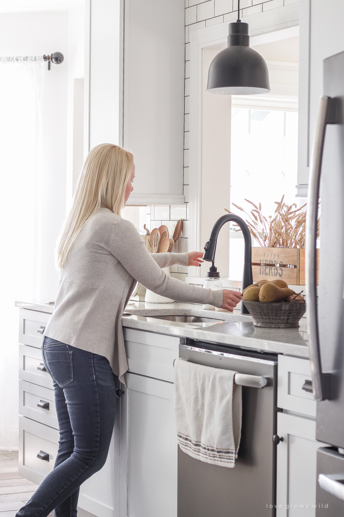 A beautiful farmhouse kitchen decorated with simple, cozy touches of fall!