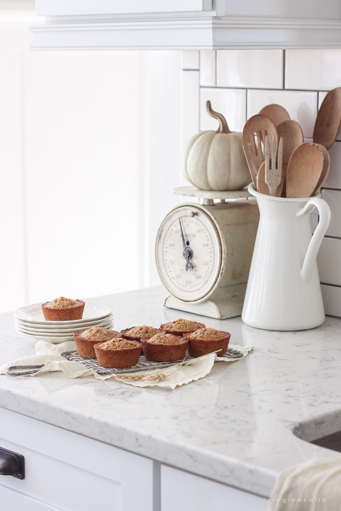 A beautiful farmhouse kitchen decorated with simple, cozy touches of fall!