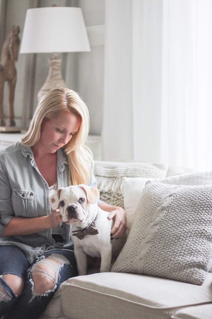 A beautiful farmhouse living room decorated with soft neutrals for fall