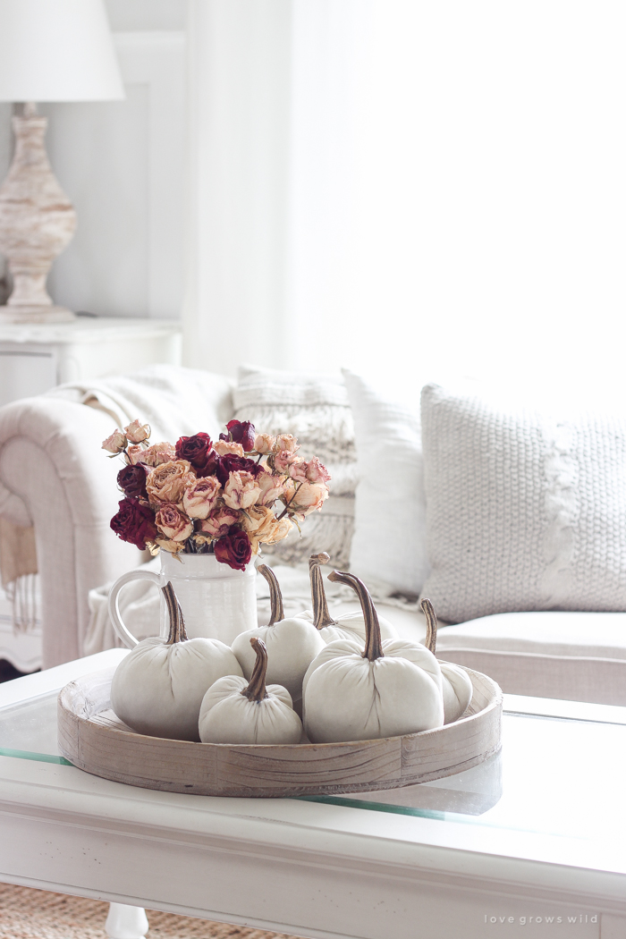 A beautiful farmhouse living room decorated with soft neutrals for fall