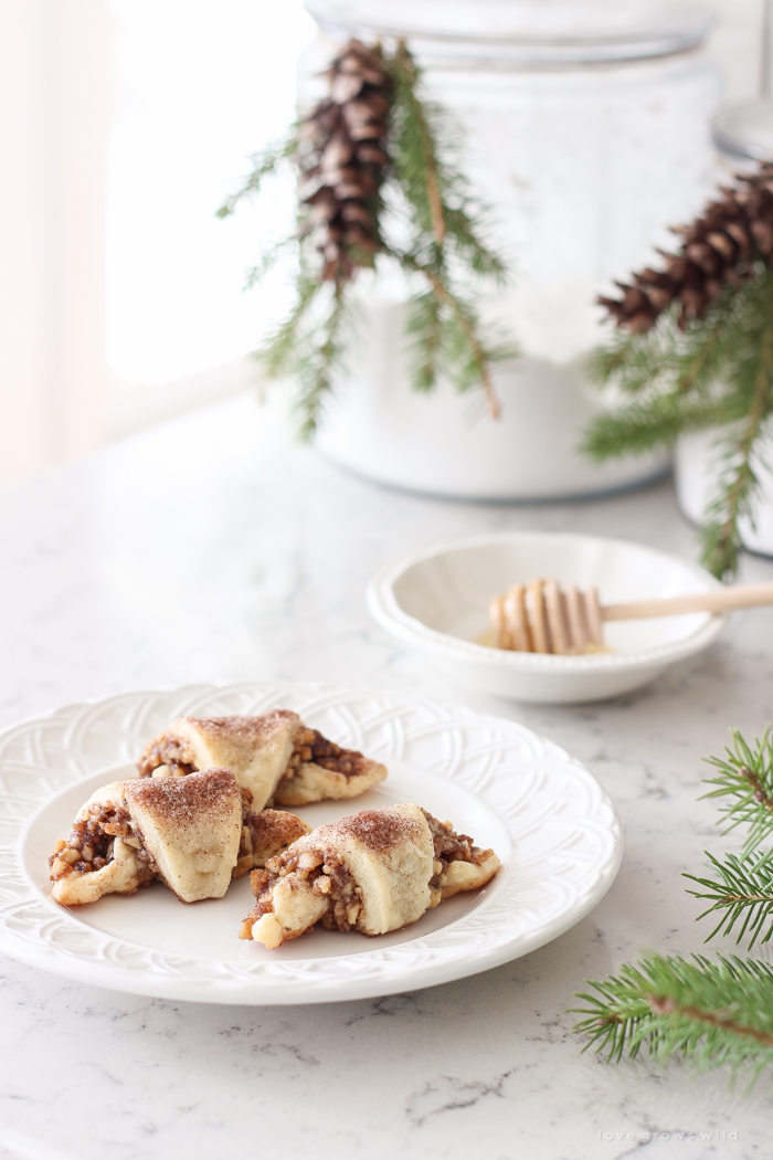 Tender, flaky pastries wrapped with a delicious honey nut filling and sprinkled with a hint of cinnamon sugar on top! These tasty treats are perfect for the holidays or any time of year!