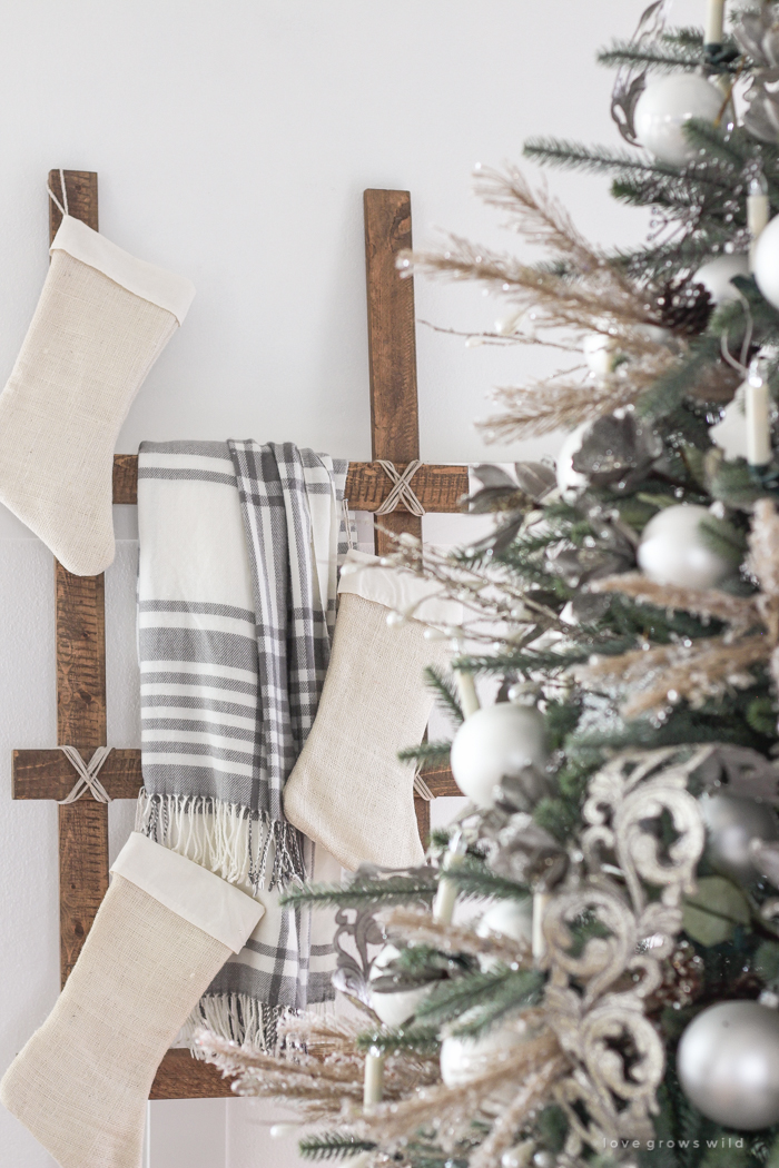 A beautiful farmhouse living room decorated in soft neutrals for the holidays!