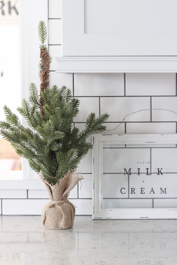 Step inside this beautiful farmhouse and discover a winter wonderland themed kitchen decorated for Christmas with simple touches of greenery and winter charm!