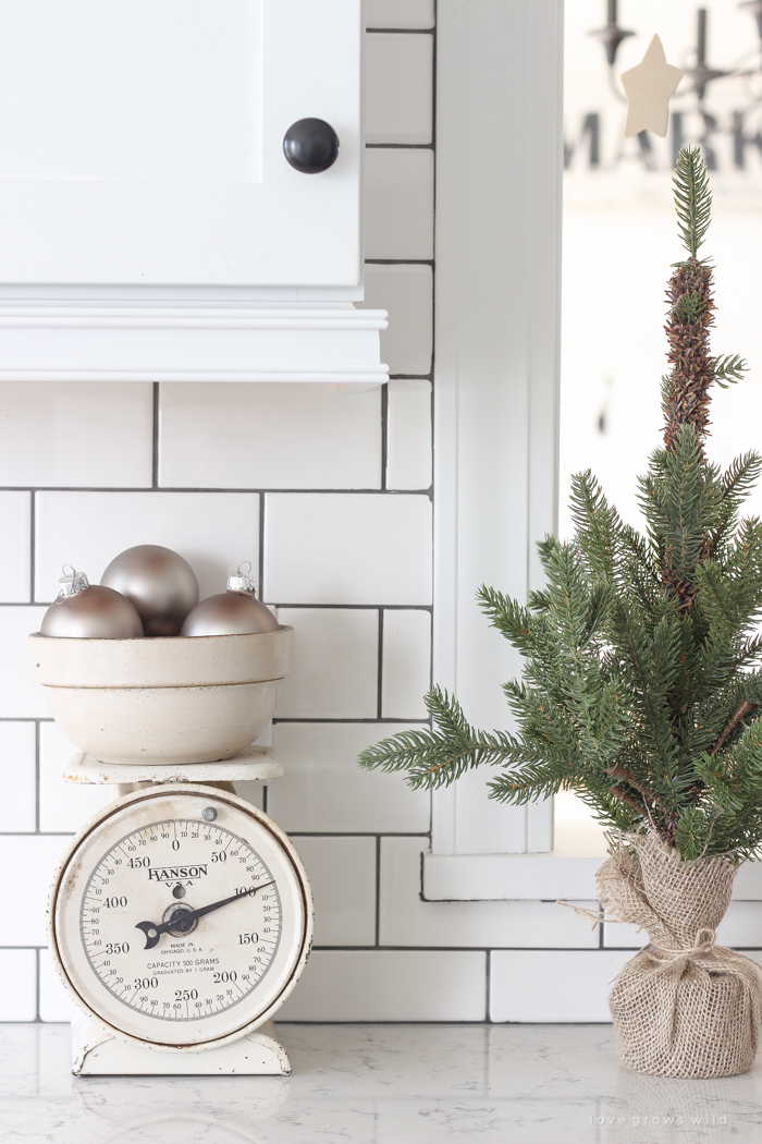 Step inside this beautiful farmhouse and discover a winter wonderland themed kitchen decorated for Christmas with simple touches of greenery and winter charm!