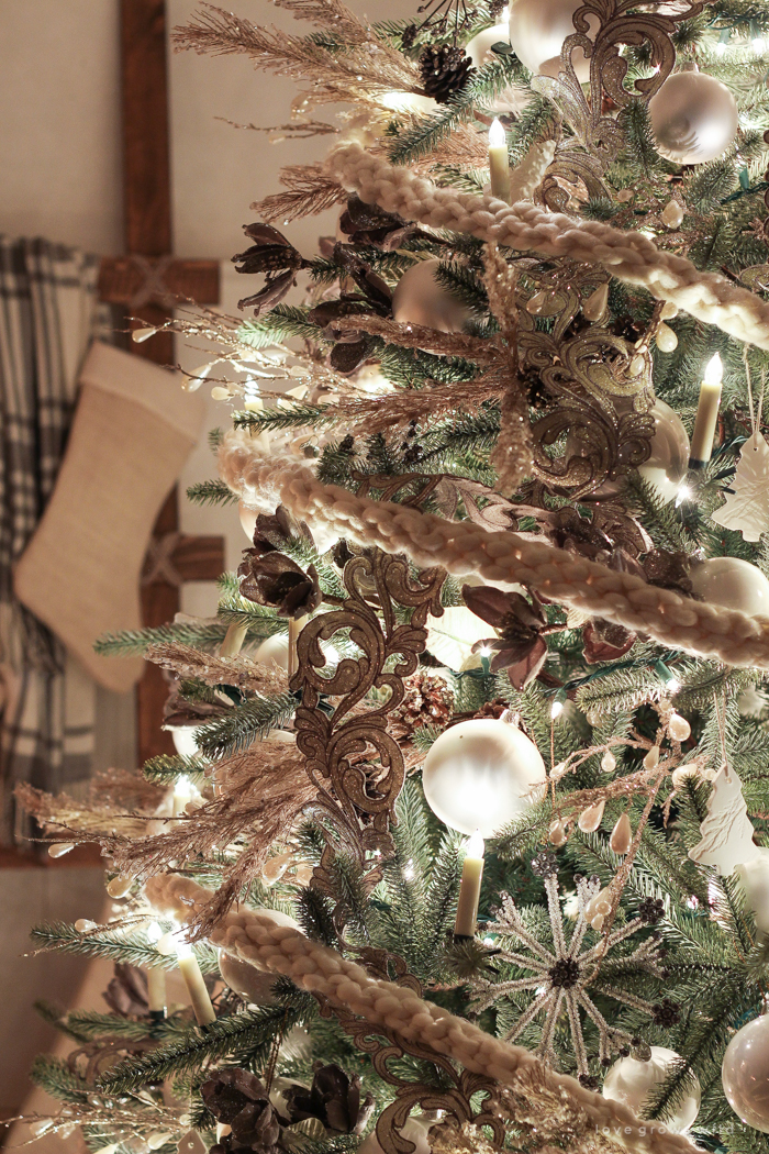 The magic and serenity of Christmas lights at night in this beautiful farmhouse