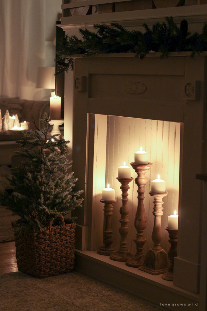 The magic and serenity of Christmas lights at night in this beautiful farmhouse