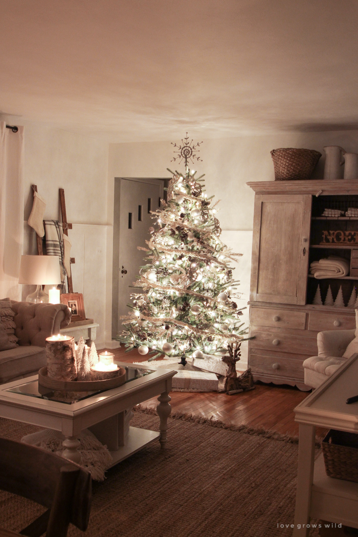 The magic and serenity of Christmas lights at night in this beautiful farmhouse