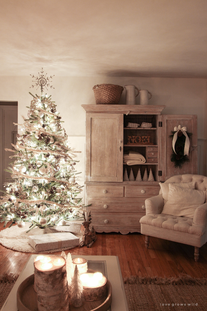 The magic and serenity of Christmas lights at night in this beautiful farmhouse