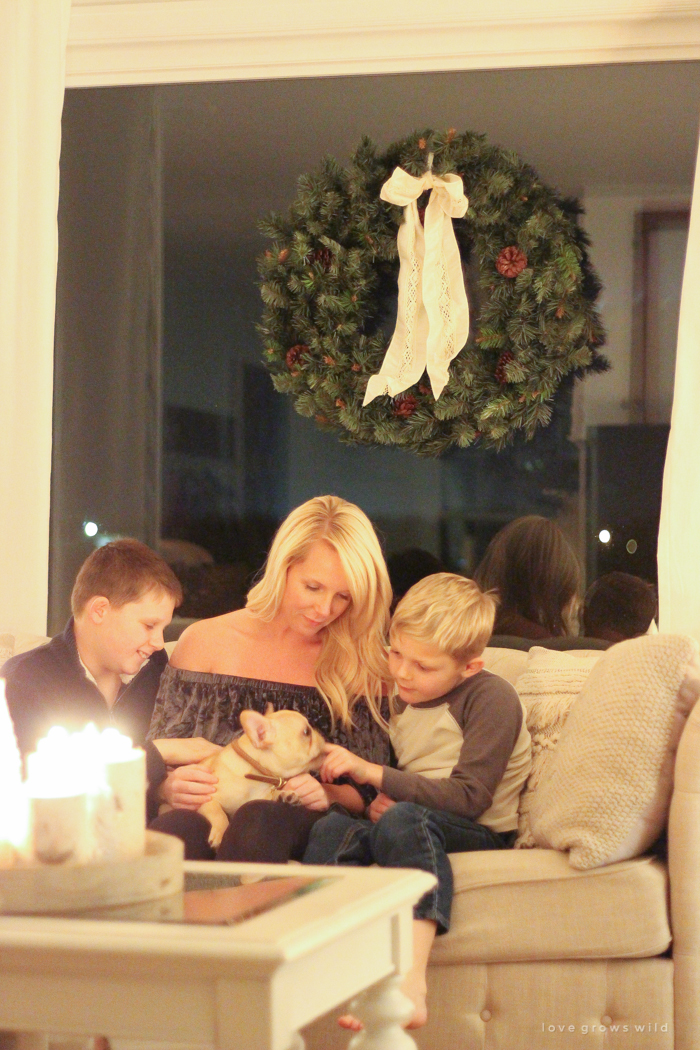 The magic and serenity of Christmas lights at night in this beautiful farmhouse