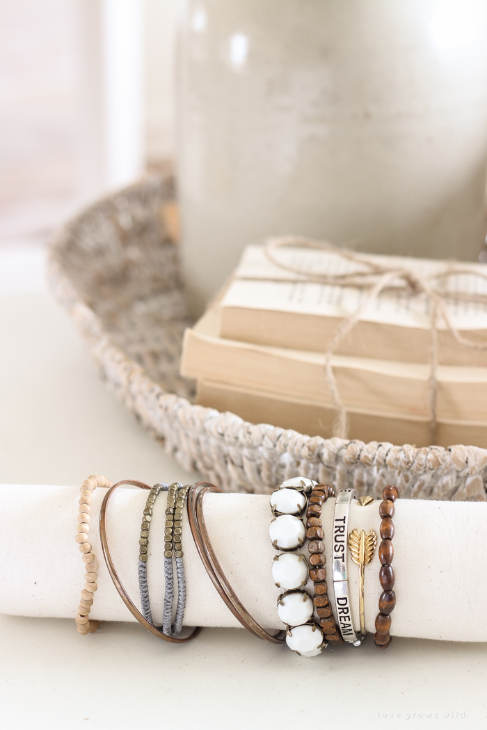 Organize and showcase your jewelry with this simple DIY Bracelet Holder. Just a few basic supplies needed for this easy project!