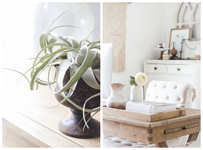 A lovely casual home office with lots of light, soft textures, and gorgeous greenery. 