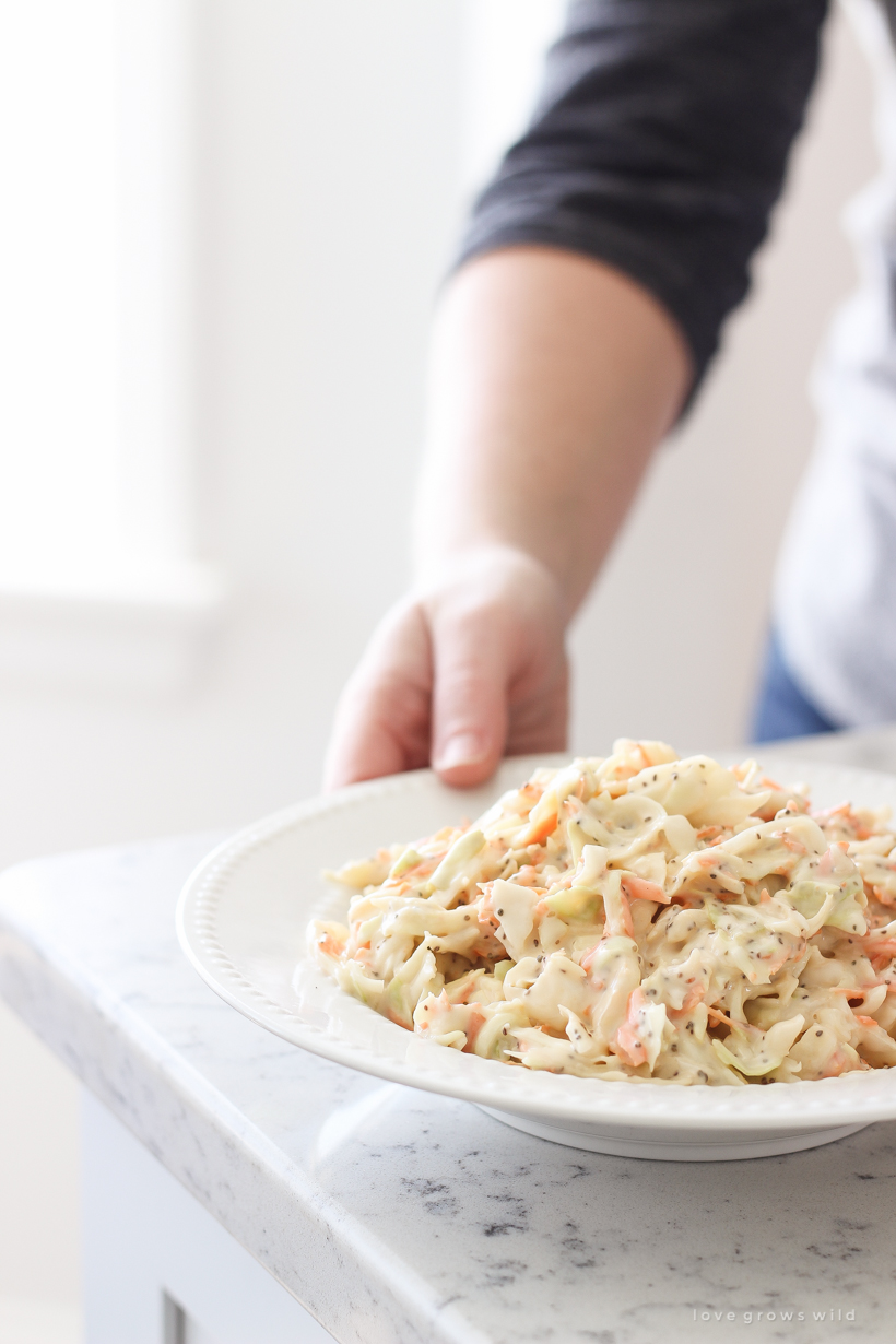 This easy, creamy coleslaw recipe is so good and makes the perfect side dish for picnics and barbecues!