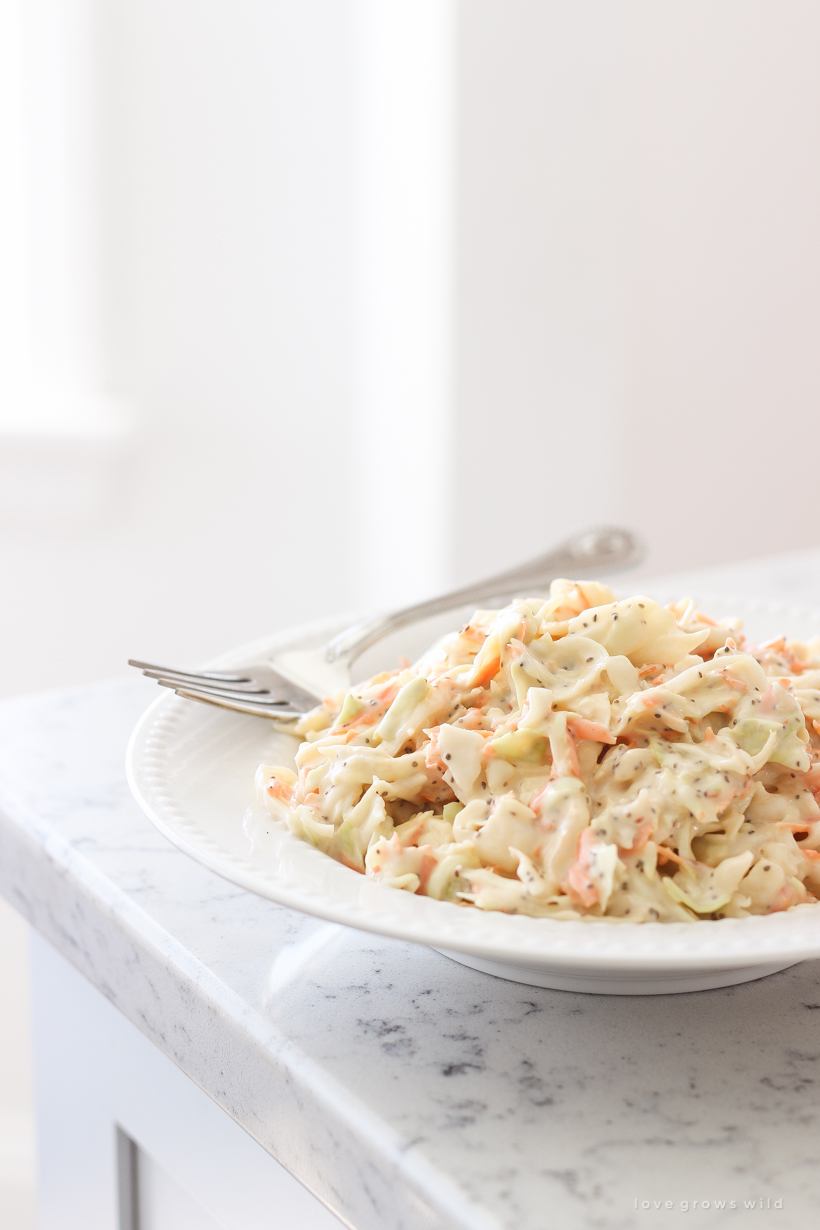 This easy, creamy coleslaw recipe is so good and makes the perfect side dish for picnics and barbecues!