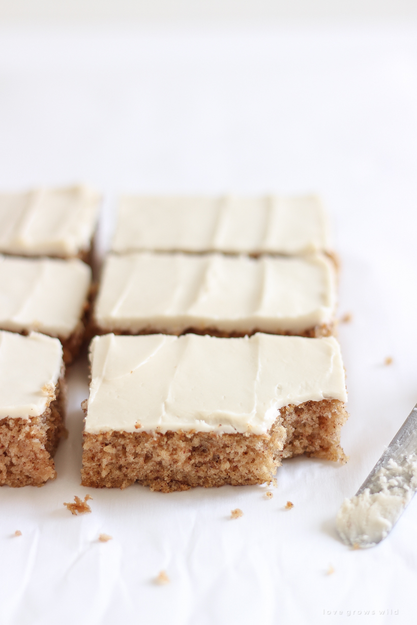 Sweet and simple applesauce sheet cake topped with a rich cream cheese frosting