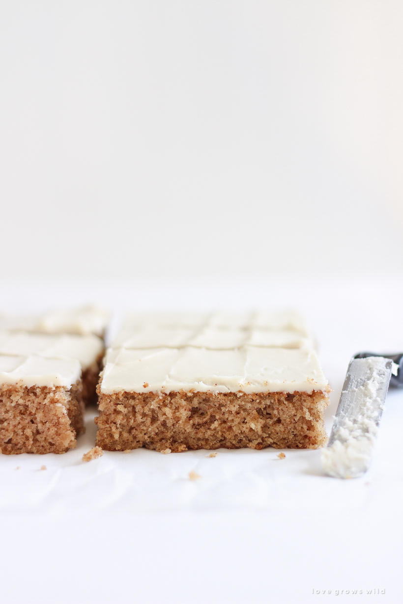 Sweet and simple applesauce sheet cake topped with a rich cream cheese frosting