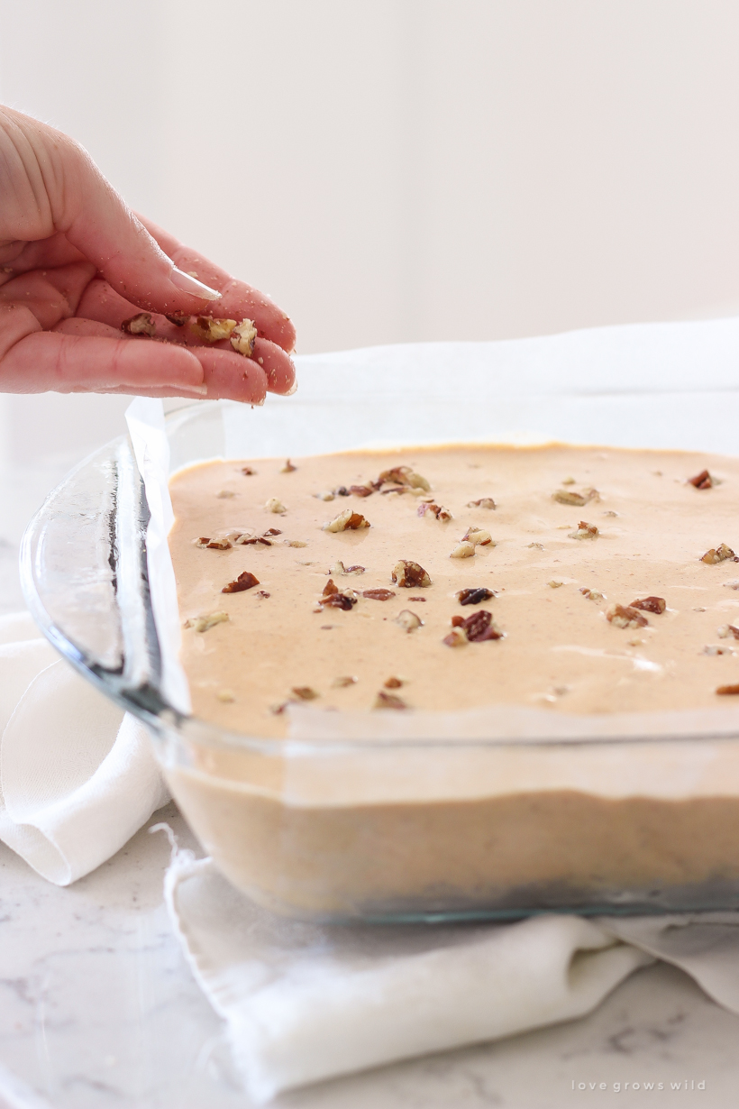 The best flavors of fall turned into a cool, sweet treat! Get the recipe for these easy Pumpkin Ice Cream Bars with a gingersnap crust and pecans sprinkled on top!