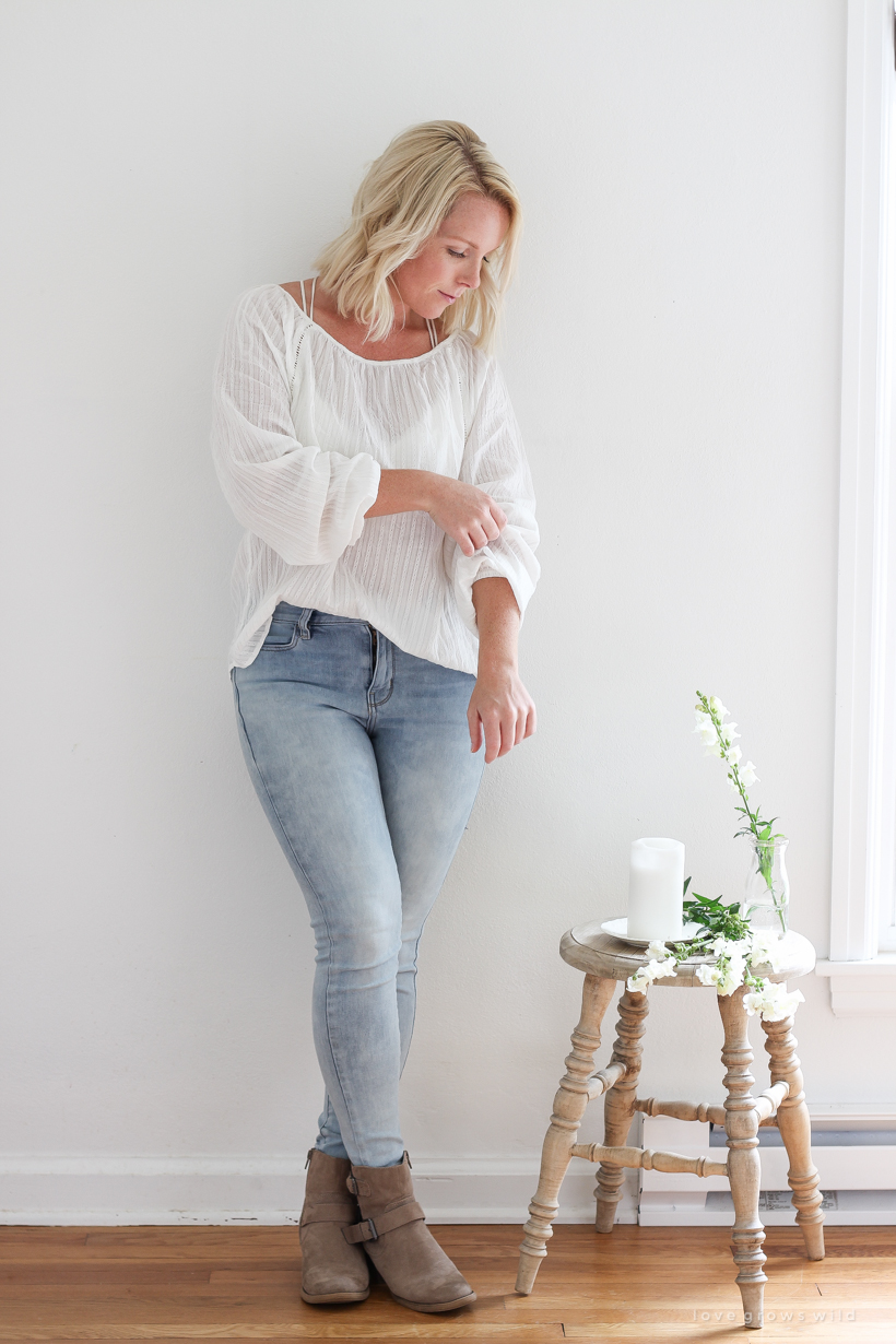 white blouse and jeans outfit