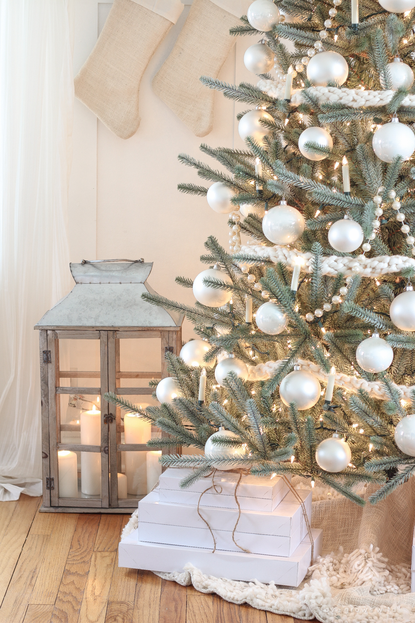 A beautiful neutral, light and bright living room decorated for Christmas