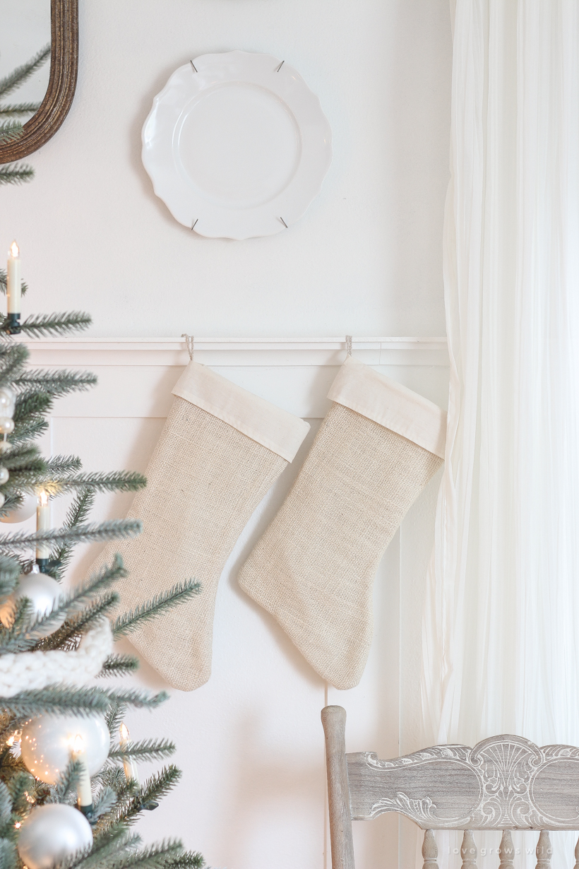 A beautiful neutral, light and bright living room decorated for Christmas