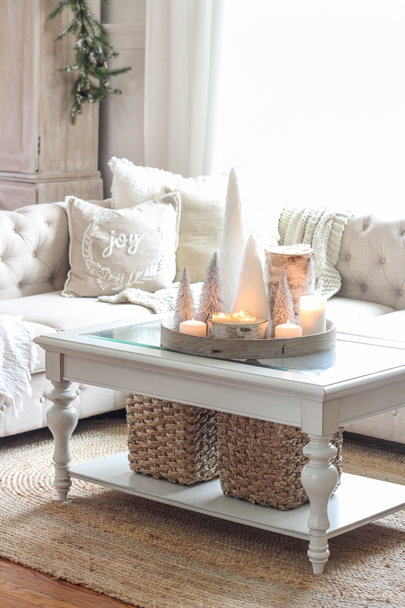 A beautiful neutral, light and bright living room decorated for Christmas