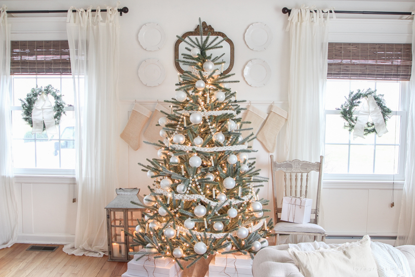 A beautiful neutral, light and bright living room decorated for Christmas