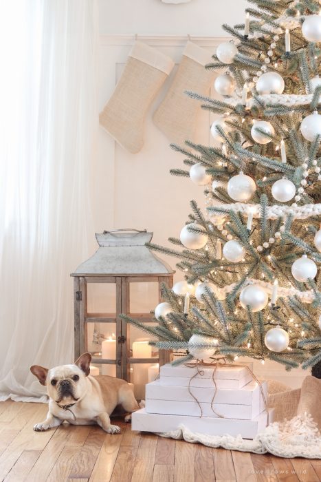 A beautiful neutral, light and bright living room decorated for Christmas