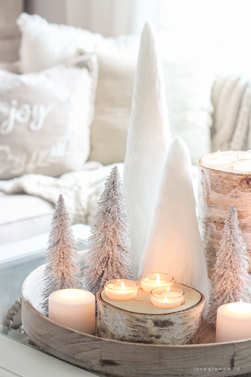 A beautiful neutral, light and bright living room decorated for Christmas