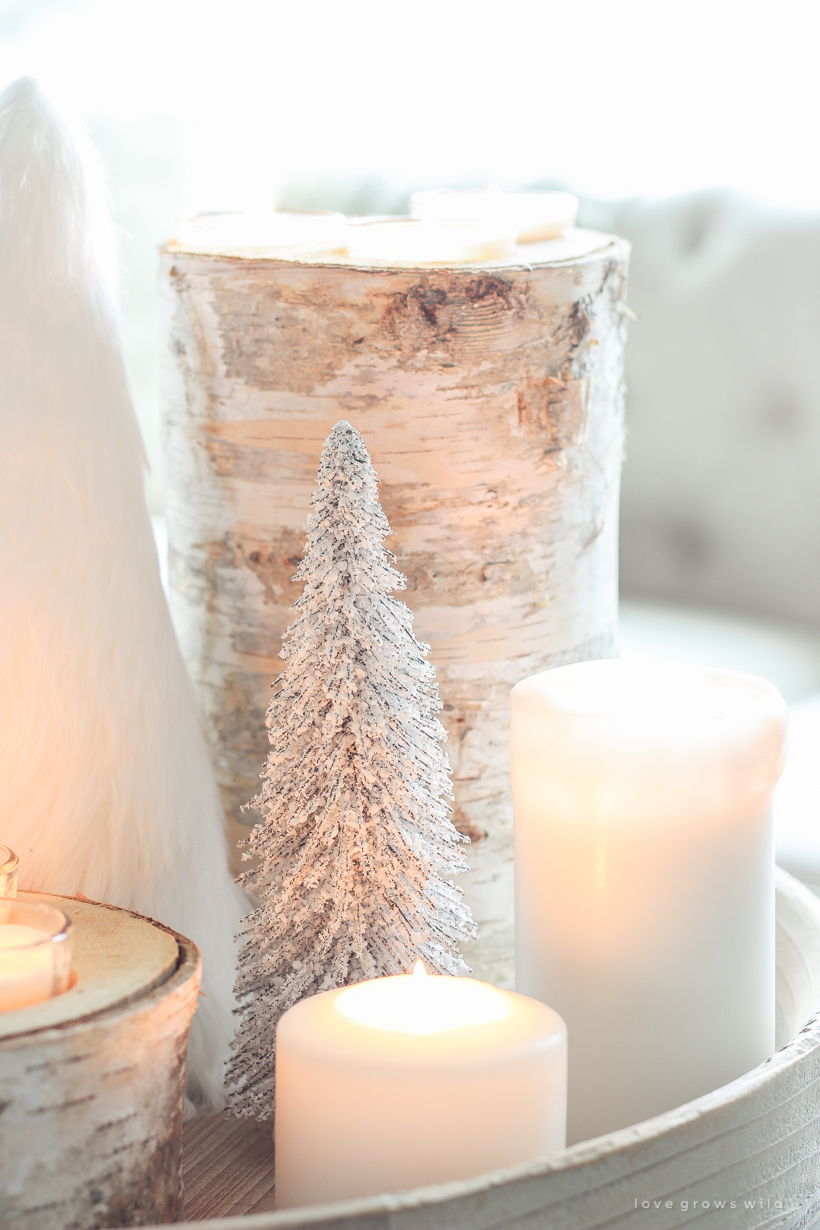 A beautiful neutral, light and bright living room decorated for Christmas