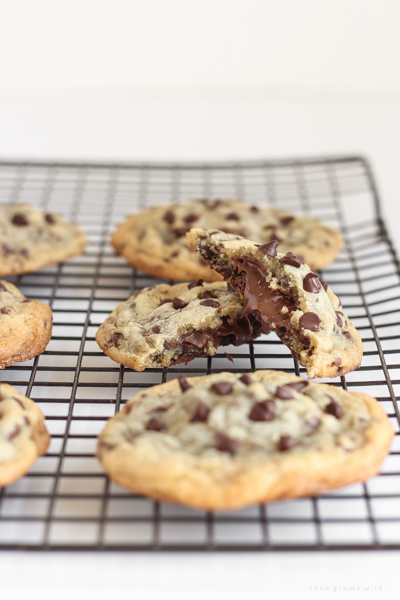 Soft, gooey Nutella stuffed inside the perfect chewy chocolate chip cookie!