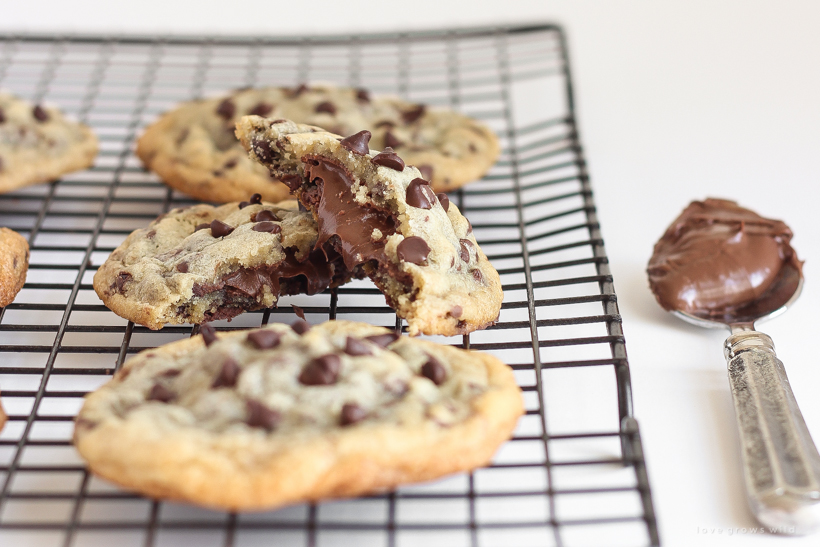 Soft, gooey Nutella stuffed inside the perfect chewy chocolate chip cookie!