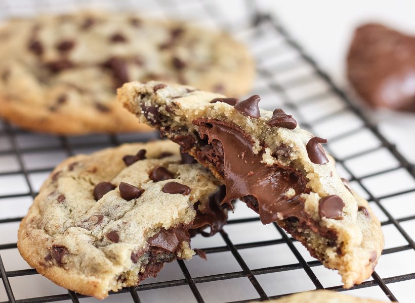 Soft, gooey Nutella stuffed inside the perfect chewy chocolate chip cookie!